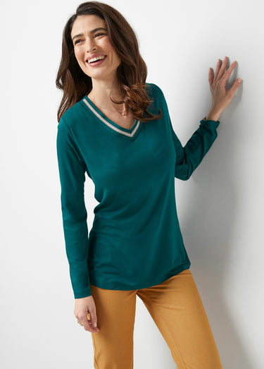 T-shirt long imprimé col V galon irisé Uni Vert