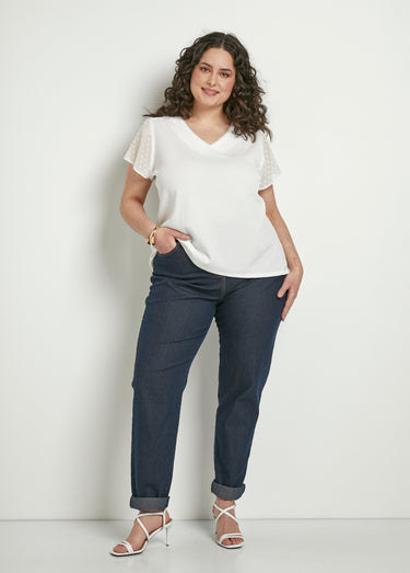 T-shirt col V plumetis manches courtes Blanc