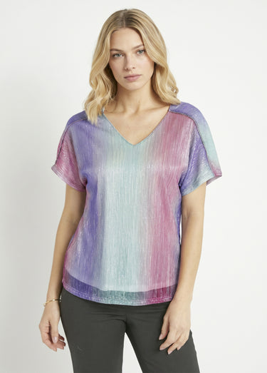 T-shirt court brillant col V effet plissé Rose/Aqua
