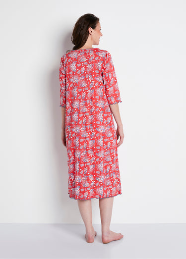 Chemise de nuit longue manches 3/4 coton imprimé Fond Rouge