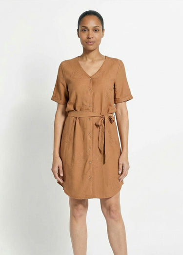 Robe chemisier col V, brodée feuillage Camel