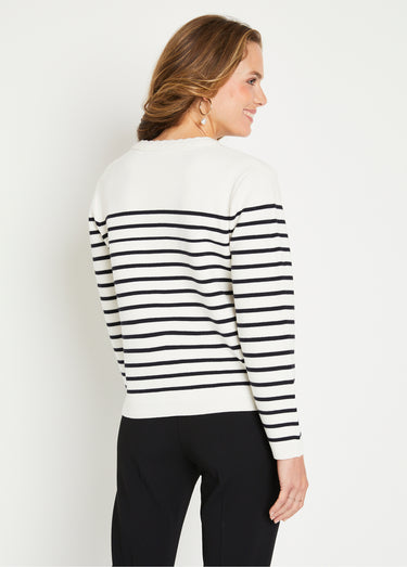 Gilet cardigan rayé court boutonné col rond Écru / Noir