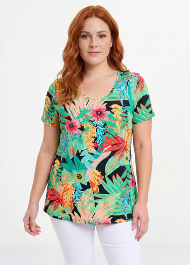 T-shirt long col rond imprimé exotique manches courtes Fond Noir