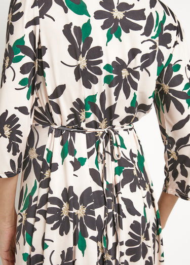 Robe fleurie boutonnée col V et manches 3/4 Beige/Noir