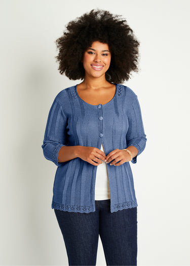 Cardigan boutonnée long ajouré Bleu