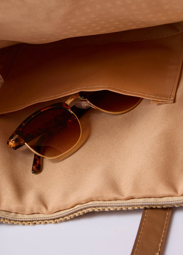 Grand sac en paille, anses simili cuir Beige