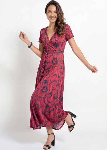 Robe longue, col V cache-cœur ceinturée Noir/Rouge