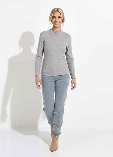T-shirt col montant maille côtelée manches longues Gris Chine