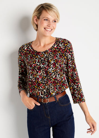 T-shirt court col rond manches 3/4 imprimé Fond Noir