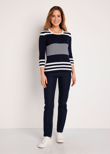 Pull rayé manches 3/4 coton Marine / Blanc