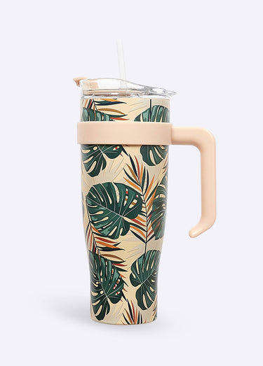 Mug de transport 1,2L floral avec paille Beige