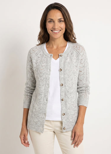 Gilet cardigan boutonné chiné ajouré col rond Gris Chine