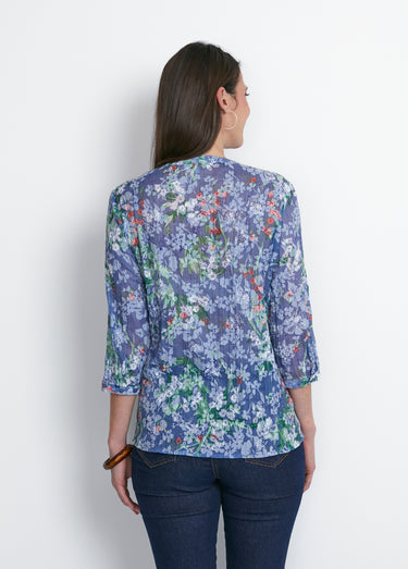 Tunique ample manches 3/4 fleurie Fond Bleu