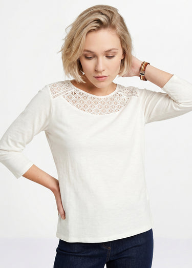 T-shirt coton et dentelle manches 3/4 Blanc