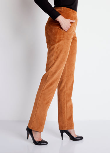 Pantalon droit taille élastiquée velours milleraies Caramel