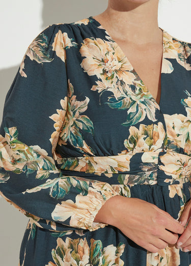 Robe courte taille plissée, pivoines Marine/Beige