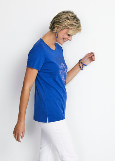T-shirt long motif fleuri fentes côtés Bleu