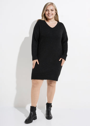 Robe pull longue col V avec laine Noir