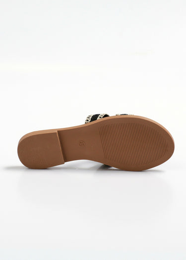 Sandales mules plates ethniques en paille Noir