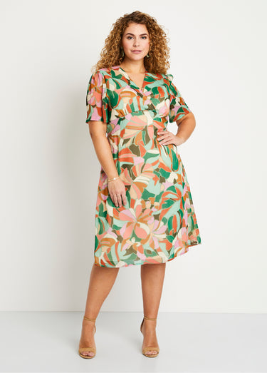 Robe droite courte voile imprimé cérémonie Vert/Orange