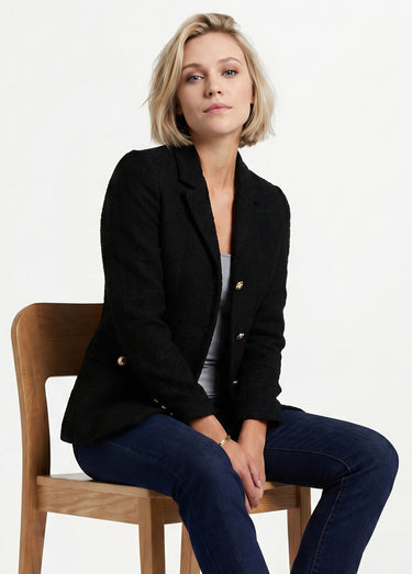Veste droite boutonnée tissu natté col tailleur Noir
