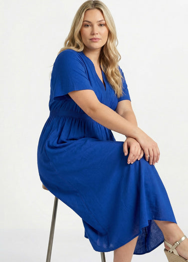 Robe longue surpiqures encolure + taille Bleu Vif