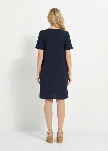 Robe droite courte col V festonné Marine