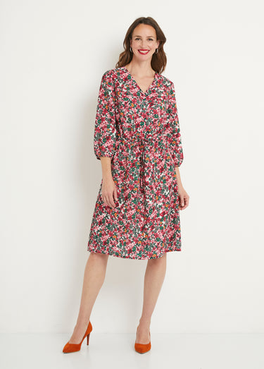 Robe courte évasée fleurie col V boutonné Rose/Vert