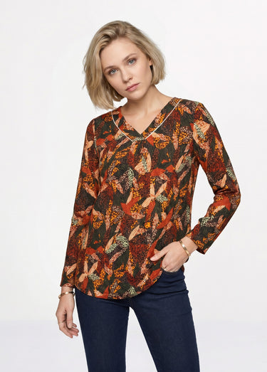 T-shirt long col V évasé manches longues Epice/Miel