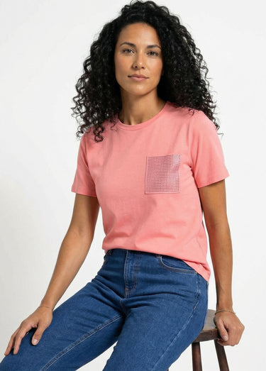 T-shirt boîte manches courtes strass Corail