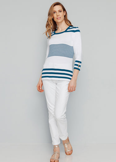 Pull rayé manches 3/4 coton Raye Bleu