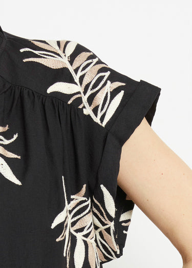 Robe housse courte, broderies feuilles Noir