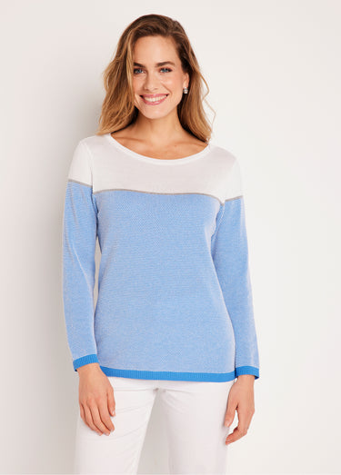 Pull fin col rond manches longues Blanc/Bleu