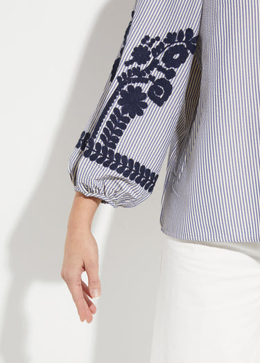 Blouse rayée avec broderies feuillages Bleu