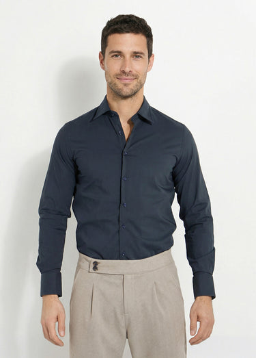 Chemise en coton stretch, col à pointes Marine