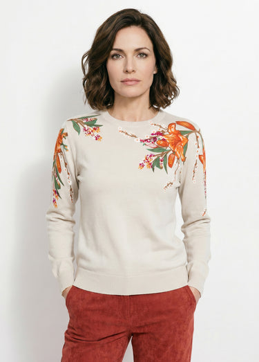 Pull chaud col rond imprimé floral manches longues Beige