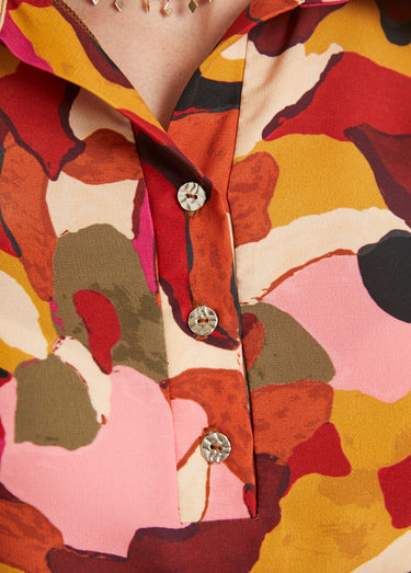 Robe droite courte imprimée col chemisier Rose/Marron