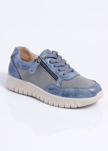 Baskets bi-matière lacées et zippées largeur confort Bleu