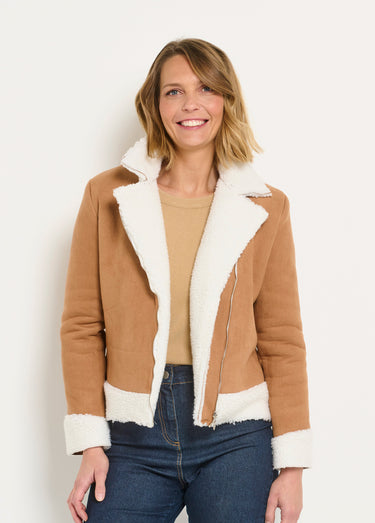 Veste zippée aviateur façon mouton retourné Marron