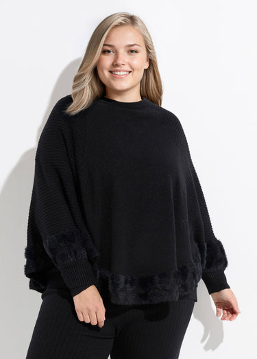 Poncho cape maille coeurs et col rond Noir