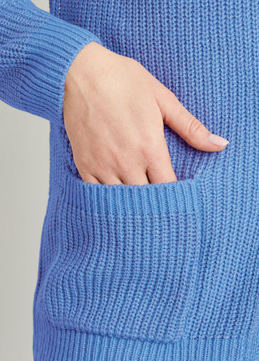 Gilet long boutonné brillant manches longues Bleu