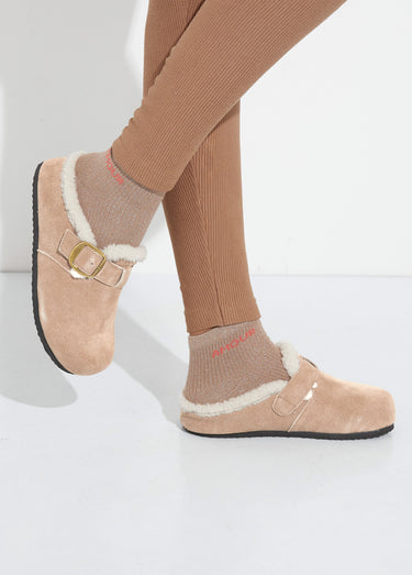 Sabots en cuir suédé, intérieur fourrure Taupe