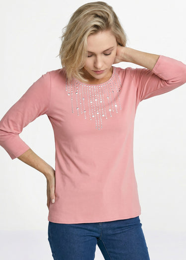 T-shirt manches 3/4 clouté fantaisie Rose