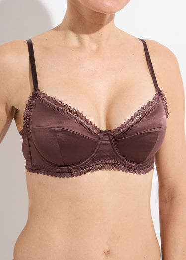 Ensemble satin soutien gorge et string Marron