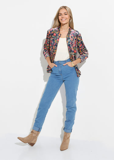 Blouson bombers zippé velours ras fleuri Marine/Rose