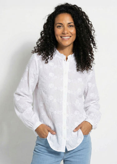 Chemisier boutonné coton brodé col volanté Blanc