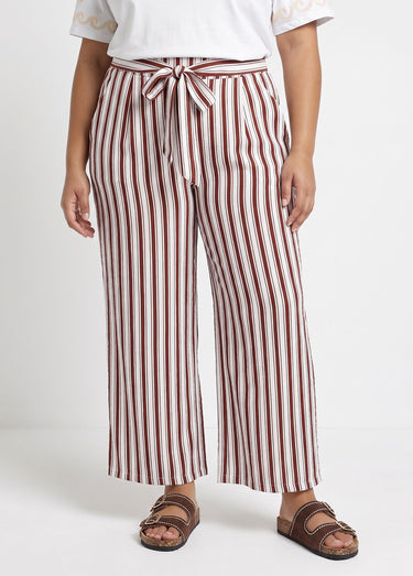 Pantalon rayé ceinturé, fils métallisés Marron/Ecru
