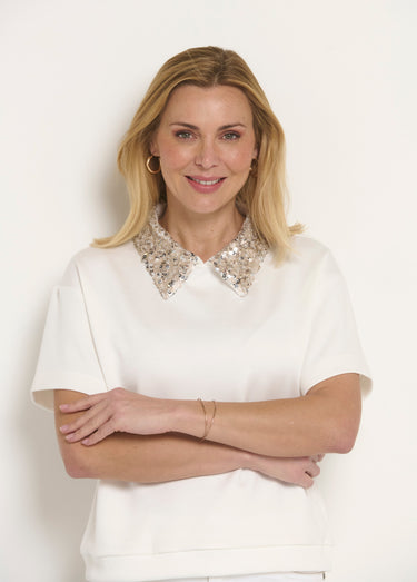 Blouse col pailleté sequins manches courtes Blanc