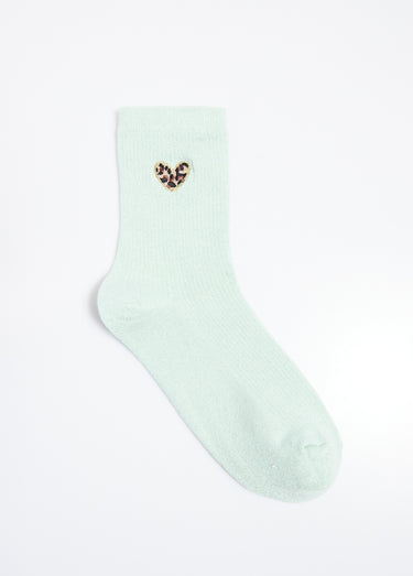 Chaussettes fines côtes motif cœur léopard Vert