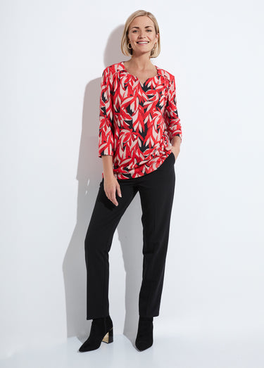 T-shirt long évasé manches 3/4 col rond Imprime Rouge